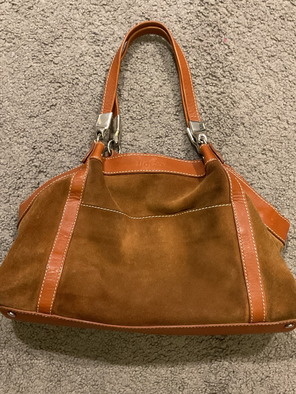 Hogan Italy Vintage Suede Leather Brown Large Satchel Purse Shoulder Bag Casual